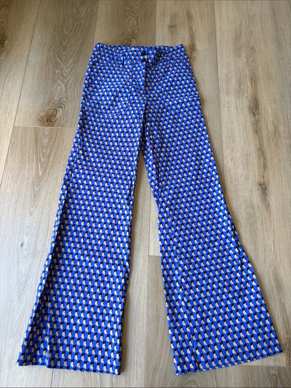 Anthropologie Blue Geometric Boot-Cut Cotton Pants